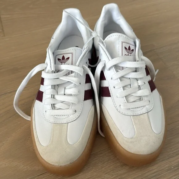 adidas White Sneakers with Maroon Stripes and Gum Sole — Clean Retro Style - Picture 3 of 5